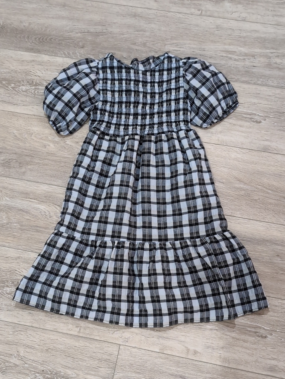 Zara Black and White Plaid Smocked Puff-Sleeve Dress